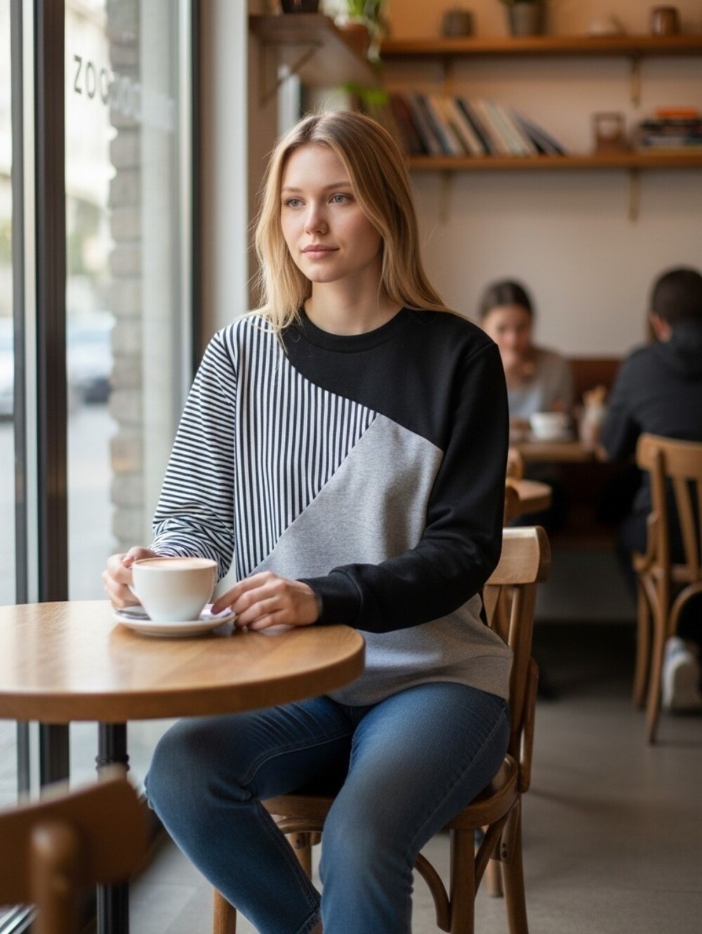 Just Fashion Now | Size S Women's | Colorblock Top - Black, Gray & White Stripe